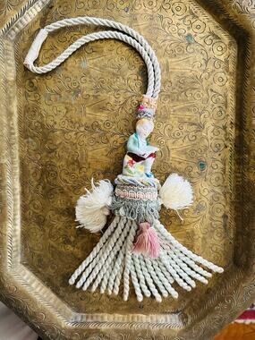 Vintage hanging tassel decor Victorian boy child Upcycled porcelain figurine